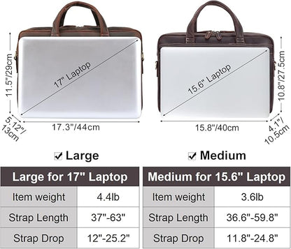 Masa Kawa Leather Briefcase for Men 15.6", 17" Laptop Computer Case Business Travel Work Messenger Cross Body Shoulder Bag