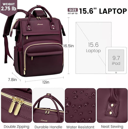 LOVEVOOK Leather Laptop Backpack for Women 15.6 inch, Travel Purse with USB Port, Wine Red