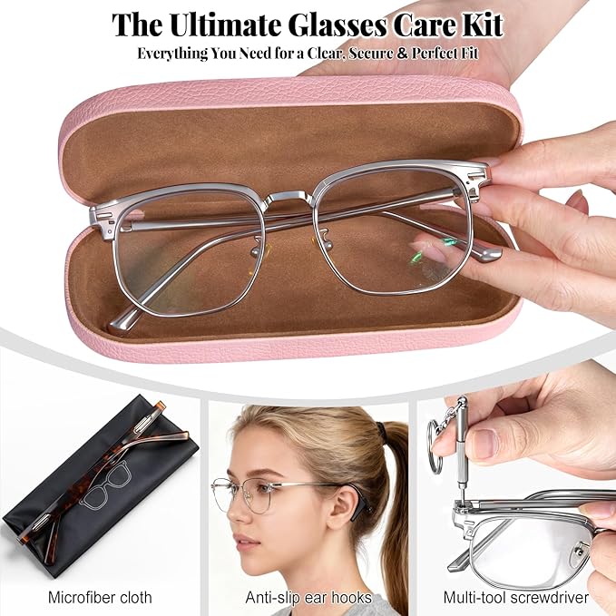 RayLove Glasses Case, 2 Pack Unisex Hard Shell Eyeglass Case PU Leather Hard Eyeglass Case with Eyewear Accessories