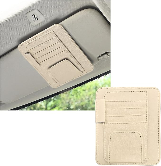 Dickno Small Leather Car Sun Visor Organizer, Multifunctional Auto Visor Document Holder with Sunglasses Clip, Universal Car Interior Organizer for Drving License, Card, Pen (Beige)