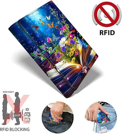 Minimalist Wallet for Men's Card Holders, Pop-Up Card Case Durable Wallets for Women, Leather Automatic Credit Card Holder with Metal Money Clip RFID Blocking Bifold Pocket, Book Flower