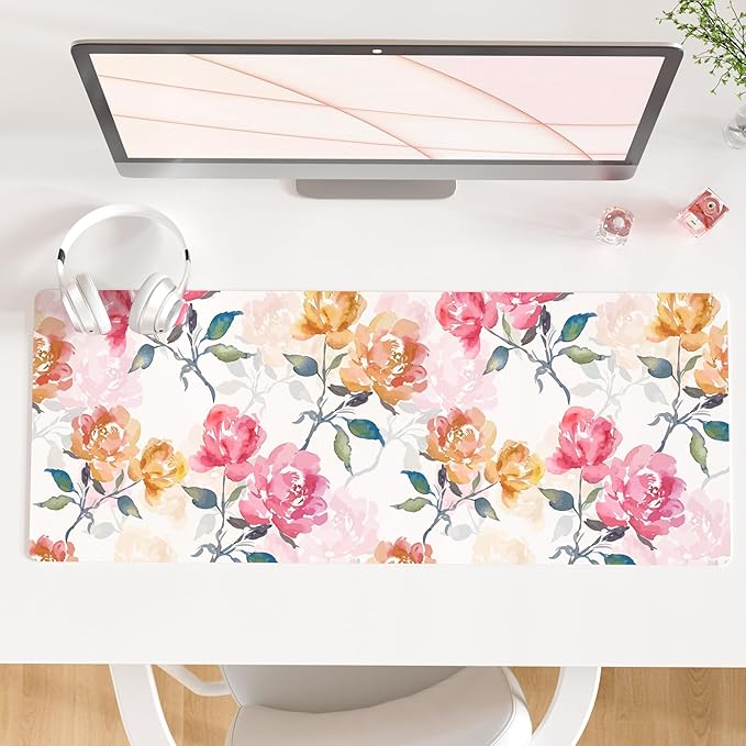QiyI Floral Mouse Pad, Watercolor Flowers Desk Mat for Desktop, Women Girls Office Décor Accessories, PU Leather Waterproof Gaming Mousepad, Pink Yellow Peonies Desk Pad Computer Mat, 31.5" x 11.8"