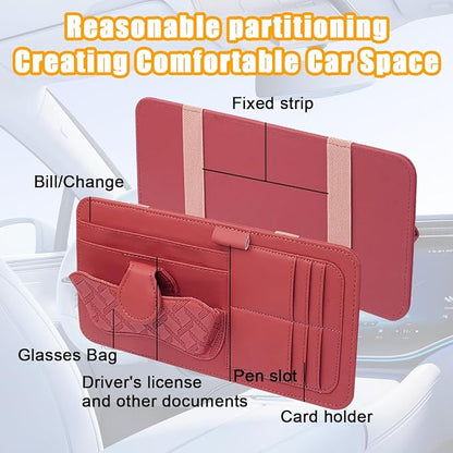 Car Sun Visor Organizer, Leather Multi Pocket Vehicle Visor Storage Pouch for Sunglasses Card License, Multifunctional Auto Interior Organization Accessories, Universal Fit (Wine Red)