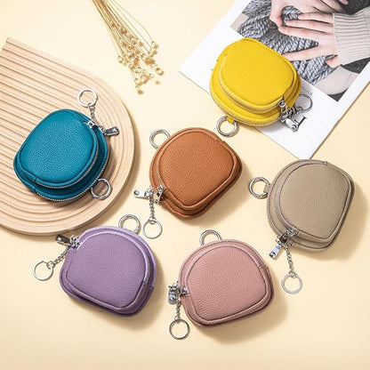 Genuine Leather Coin Purse with Keychain Clip Dual Zipper Mini Wallet Small Cute Pouch for Women & Men Compact Card Holder Wallet Key Holder (Purple)