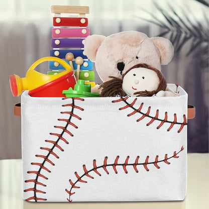 AUUXVA Baseball Stitches Laces Softball Storage Basket - Large Fabric Bin With Handles for Toys, Collapsible Closet Shelf Cloth Organizer for Nursery Bedroom, 2 PCS