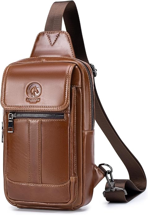 RAINBOW HORSE Brown Leather Chest Bag - Men's Genuine Leather Shoulder Pouch with Dual Front Pockets, Stylish Crossbody Sling for Travel & Work