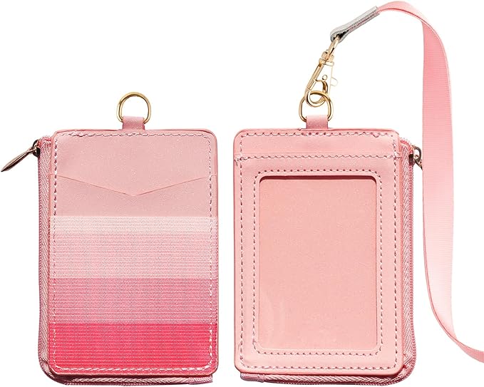 2-in-1 ID Badge Holder & Elastic Card Holder Wallet,Minimalist Men & Women Zip Card Holder Wallet with Neck Lanyard,3 Card Slots and 1 Side Zipper Pocket (Pink-B1)