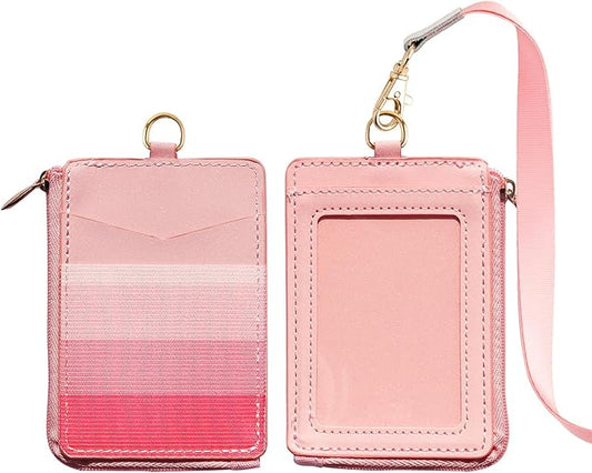 2-in-1 ID Badge Holder & Elastic Card Holder Wallet,Minimalist Men & Women Zip Card Holder Wallet with Neck Lanyard,3 Card Slots and 1 Side Zipper Pocket (Pink-B1)