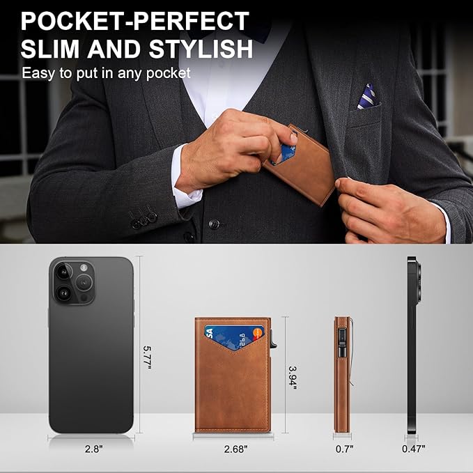 Wallet for Men, RFID Wallet with Money Clip & ID Window, Minimalist Pop Up Credit Card Case Holder 10-12 Cards, Bifold Slim Smart Wallet for Front Pocket, Compact Metal Wallets, Gifts for Men, Brown
