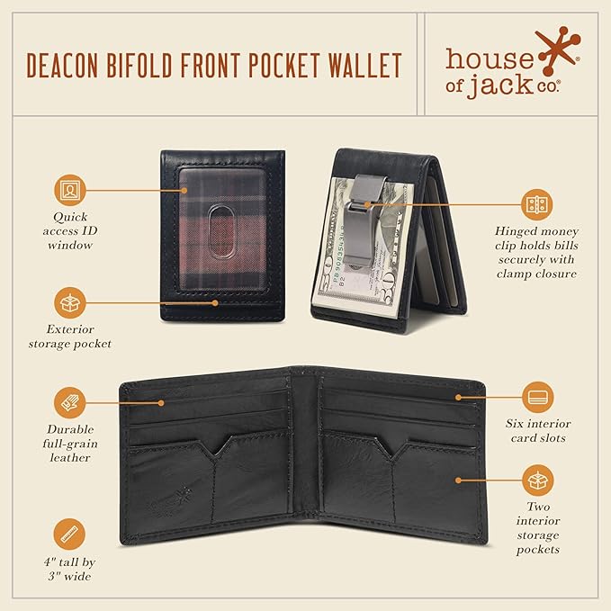 House of Jack Co. Maverick Bifold Money Clip Wallet for Men – Slim Front Pocket Leather Wallet with Metal Cash Clip, Exterior ID Window & Card Holder, Full-Grain Cowhide, Black