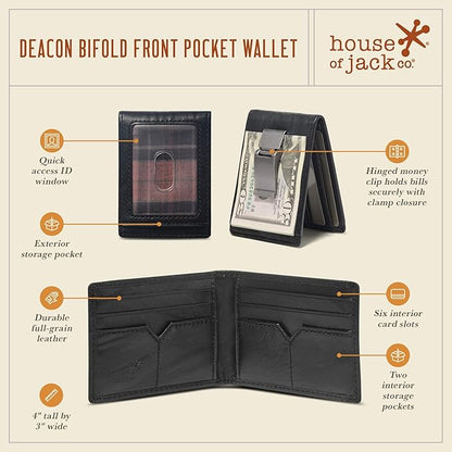 House of Jack Co. Maverick Bifold Money Clip Wallet for Men – Slim Front Pocket Leather Wallet with Metal Cash Clip, Exterior ID Window & Card Holder, Full-Grain Cowhide, Black