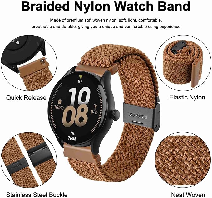 WOCCI 18mm Braided Nylon Watch Band for Men and Women, Quick Release, Black Stainless Steel Buckle (Brown)