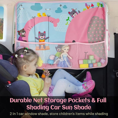 DIZA100 Car Sun Shade for Window Baby, 2 Pack Full Shade Window Shades with Storage Net Pocket, 7 Suction Cups, Cute Elephant for Sun/Heat/UV Rays Protection, Kids