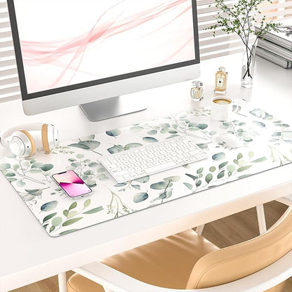 Colorful Star Large Mouse Pad, PU Leather Waterproof Desk Mat, Computer Gaming Mouse Pad, XXL Full Table Mousepad Non Slip Desk Pad for School Office Home 31.5" x 15.7" - Fresh Eucalyptus Leaves