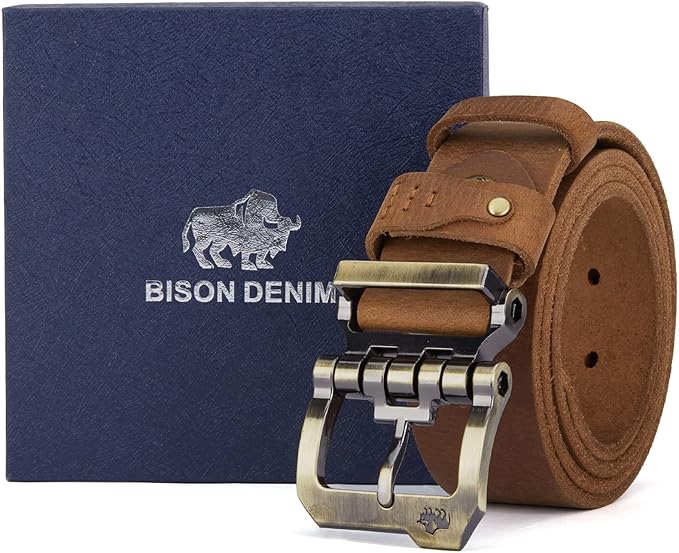 BISON DENIM Men's Belts Leather Dress Genuine Leather Classic Heavy Duty Buckle Belt Casual for Jeans