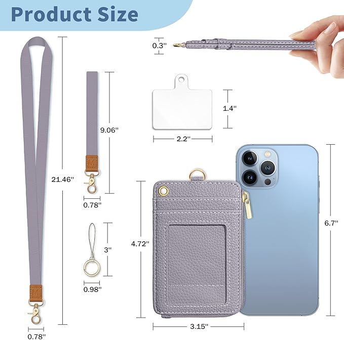 Lanyard Wallet with Id Badge Holder, RFID Small Keychain Wallet Women Wristlet, Minimalist Zipper Credit Card Holder Phone Wrist Neck Strap for Key Name Tag, Teacher Student Office Gift