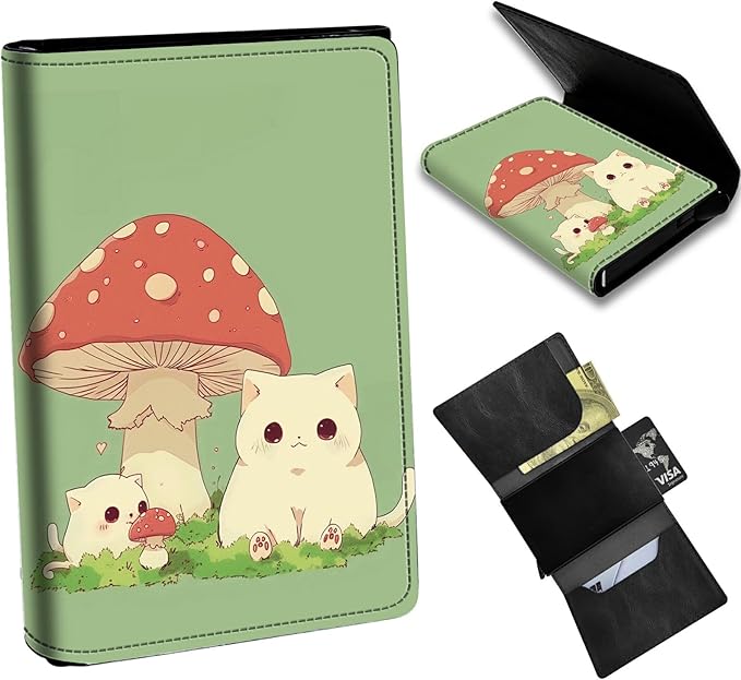 Mushroom Cat Minimalist Wallet for Men, Pop Up Card Case Wallet for Women, PU Leather Automatic Credit Card Holder Metal Money Clip Wallet RFID Blocking Bifold Pocket Wallet
