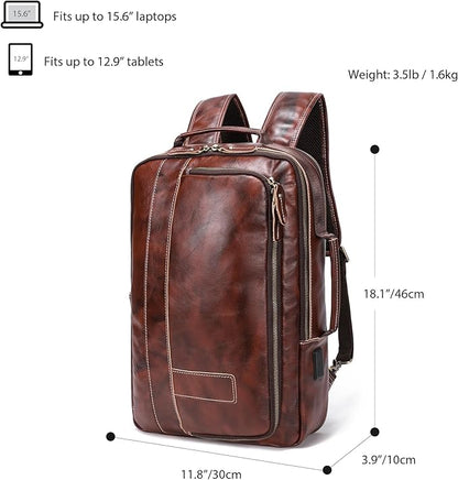LANNSYNE Vegetable Tanned Leather Backpack for men, Expandable Leather Backpack Fits 15.6 Laptop, Tote Shoulder Travel Bag Rucksack