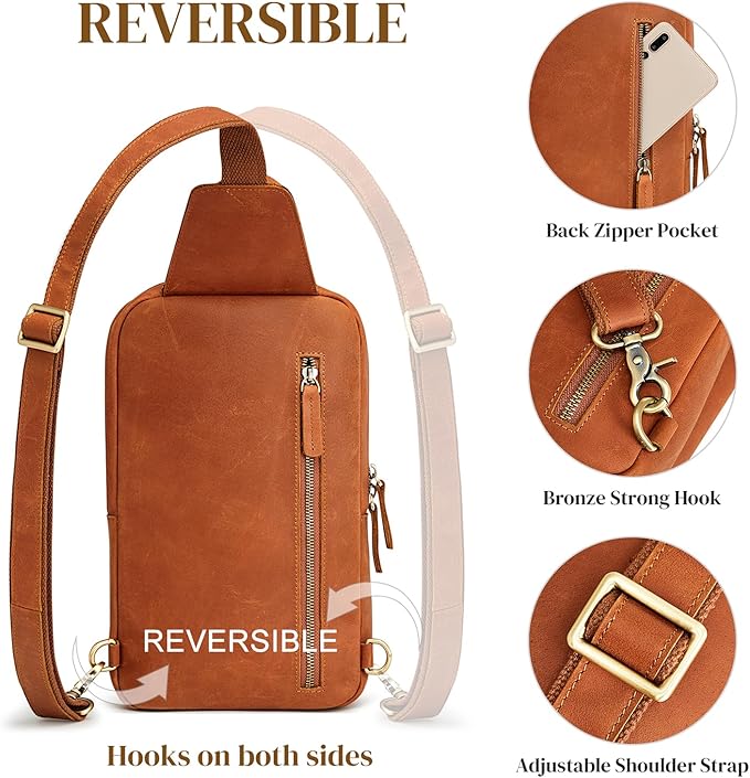 S-ZONE Sling Bag for Women Men Genuine Leather Vintage Crossbody Chest Bags Backpack Daypack Outdoor Travel