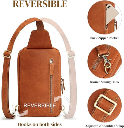 S-ZONE Sling Bag for Women Men Genuine Leather Vintage Crossbody Chest Bags Backpack Daypack Outdoor Travel