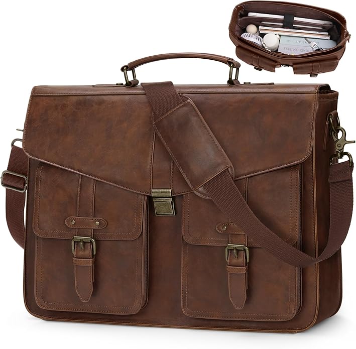 RAINSMORE 17.3 Inch Men's Messenger Bag, PU Leather Laptop Briefcase for Work, Office & Business Travel, Spacious Satchel Bag