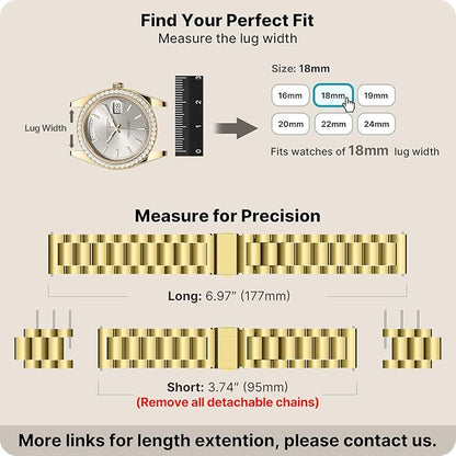 Fullmosa 18mm Stainless Steel Watch Band, Quick Release Metal Replacement Strap with Removable Links, Includes Spring Bars & Link Removal Tool for Men Women (Golden)