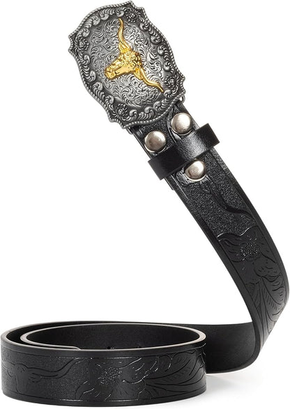 Western Cowboy-Belts for Men Big-Buckle Longhorn-Bull PU-Leather Rodeo Cowgirl-Belt Engraved Floral - Waist 25-38"