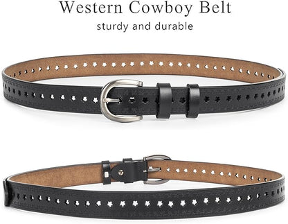 INOGIH Women Vintage Floral Engraved Embossed Genuine Western Leather Belt for Jeans Dresse