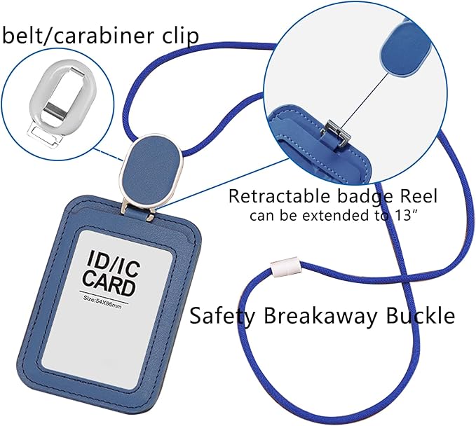 Larpur Retractable Badge Holder with Badge Reel, PU Leather Work ID Card Holder Case for School Office, Blue Key Card Credit Card Holders with Lanyard