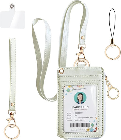 bolimoss 2-in-1 ID Badge Holder & Lanyard Wallet, Leather ID Badge Card Holder Wallet with 5 Card Slots, 1 Side Zipper Pocket,Detachable Keychain Lanyards Wristlet Strap for Office School, White