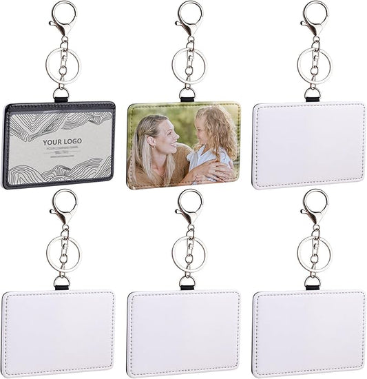 AUEAR, 6 Pack Sublimation Leather Badge Holder Set Work Card ID Sleeves with Keychains for Office (Horizontal)