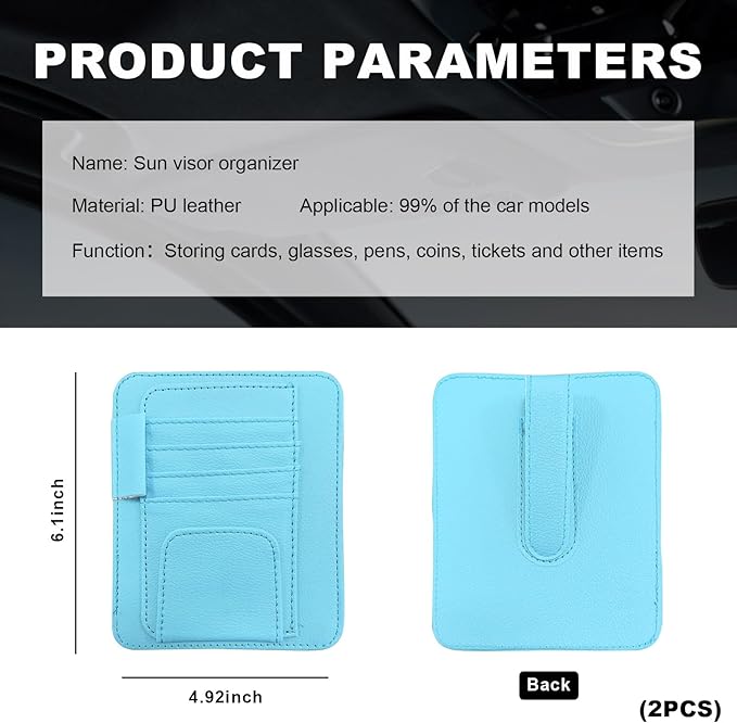 Dickno 2PCS Small Leather Car Sun Visor Organizer, Multifunctional Auto Visor Document Holder with Sunglasses Clip, Universal Car Interior Organizer for Drving License, Card, Pen (Blue)