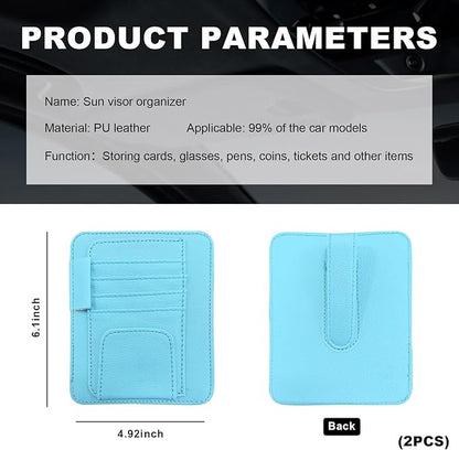 Dickno 2PCS Small Leather Car Sun Visor Organizer, Multifunctional Auto Visor Document Holder with Sunglasses Clip, Universal Car Interior Organizer for Drving License, Card, Pen (Blue)