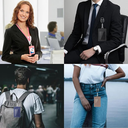 Life-Mate Badge Holder - Leather ID Badge Card Holder Wallet Case with 3 Cards Slot and Neck Lanyard/Strap. Additional Retractable Badge Reel with Belt Clip (Blue, Linen Finish)