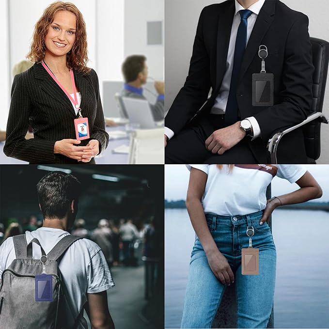 Life-Mate Badge Holder - Leather ID Badge Card Holder Wallet Case with 3 Cards Slot and Neck Lanyard/Strap. Additional Retractable Badge Reel with Belt Clip (Dark Blue, Linen Finish)