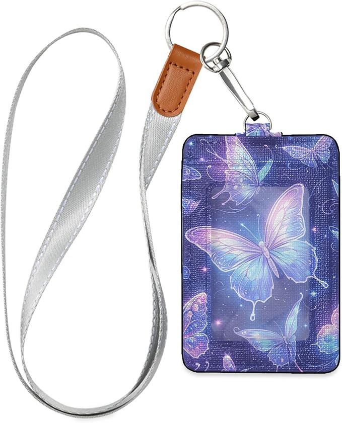Badge Holder, Sparkle Butterfly Blue PU Leather School College Business ID Badge Card Holder Wallet Case with 1 Clear Window, 2 Credit Card Slots and Detachable Neck Lanyard - Vertical