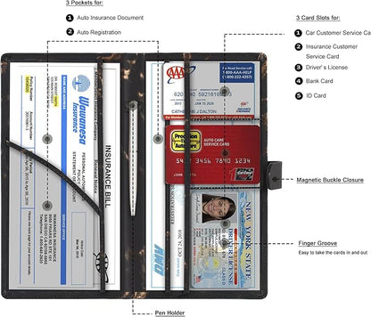 TOURSUIT Car Registration and Insurance Card Holder, Vehicle License Document Glove Box Compartment Organizer, Interior Car Accessories for Women Men (Marble Black)