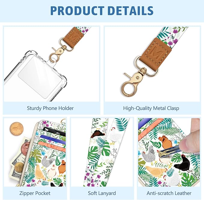 Piefly Chicken Lanyard Wallet with ID Badge Holder, Rooster Small RFID Wallet Women Keychain Wristlet, Slim Credit Card Holder with Zipper Pocket Phone Lanyard Wrist Strap Name Tag Office Teacher Gift