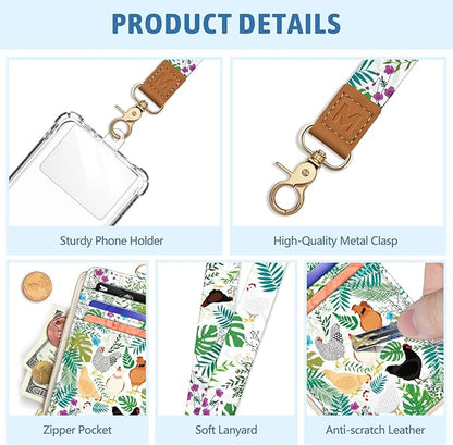 Piefly Chicken Lanyard Wallet with ID Badge Holder, Rooster Small RFID Wallet Women Keychain Wristlet, Slim Credit Card Holder with Zipper Pocket Phone Lanyard Wrist Strap Name Tag Office Teacher Gift