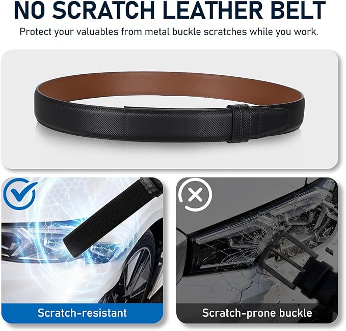 SANSTHS Mechanic Buckless Belts for Men, No Scratch Leather Work Belt Hook & Loop Tsa Belt for Technician Travel Gifts