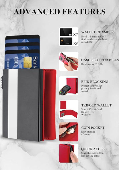 Small Wallet for Men-Pop Up Card Case,with Money Clip Slim Leather Slots Credit Card Holder RFID Blocking Trifold Minimalist Wallet with ID Window and Coin Purse(Red Small Wallet for Men Gift