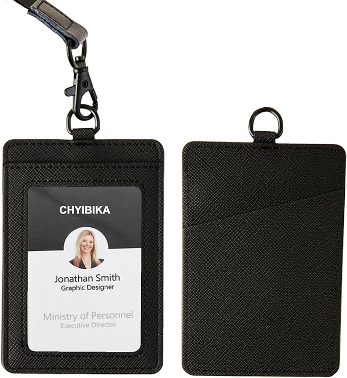 Badge Holder with Lanyard,Leather ID Card Holder,Vertical Lanyard ID Card Holder for Work Office (Black)