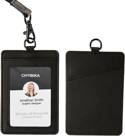 Badge Holder with Lanyard,Leather ID Card Holder,Vertical Lanyard ID Card Holder for Work Office (Black)