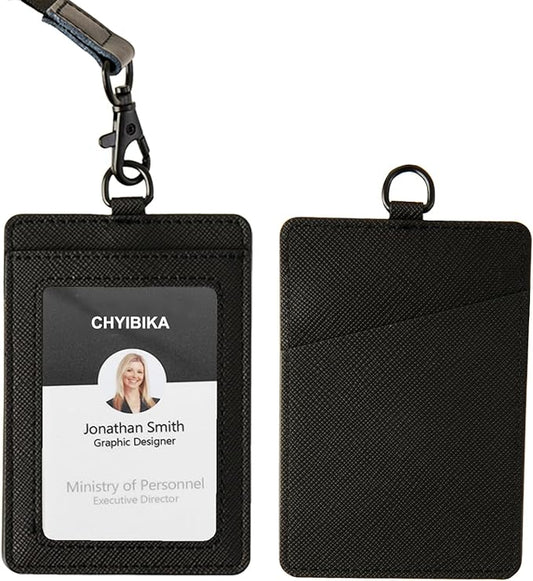 Badge Holder with Lanyard,Leather ID Card Holder,Vertical Lanyard ID Card Holder for Work Office (Black)