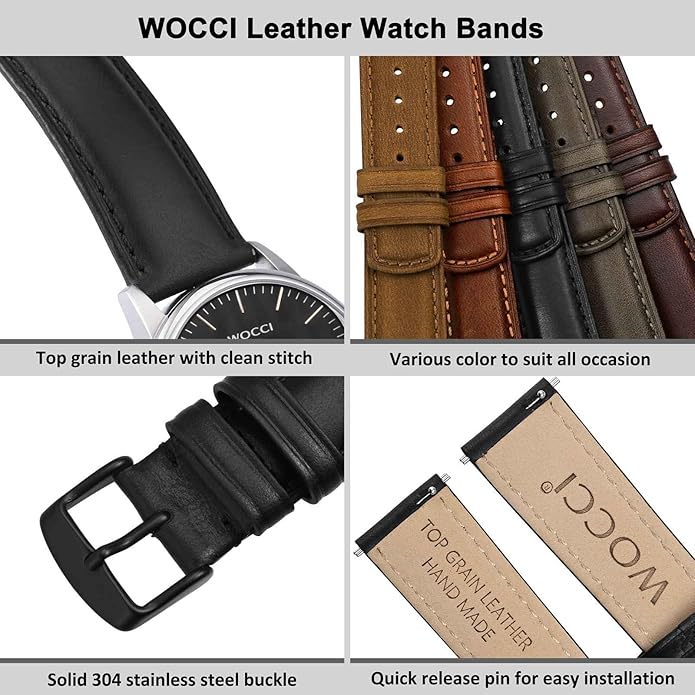 WOCCI Quick Release Watch Band, Distressed Genuine Leather, Stainless Steel Buckle, Strap Width 18mm 19mm 20mm 22mm 24mm