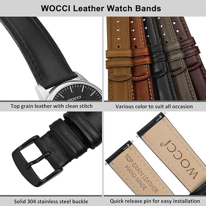 WOCCI Quick Release Watch Band, Distressed Genuine Leather, Stainless Steel Buckle, Strap Width 18mm 19mm 20mm 22mm 24mm