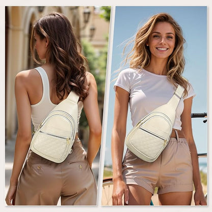 Crossbody Bags for Women Men,Leather Sling Bag Cross Body Backpack for Women, Casual Chest Bag Daypack for Travel Hiking, Beige
