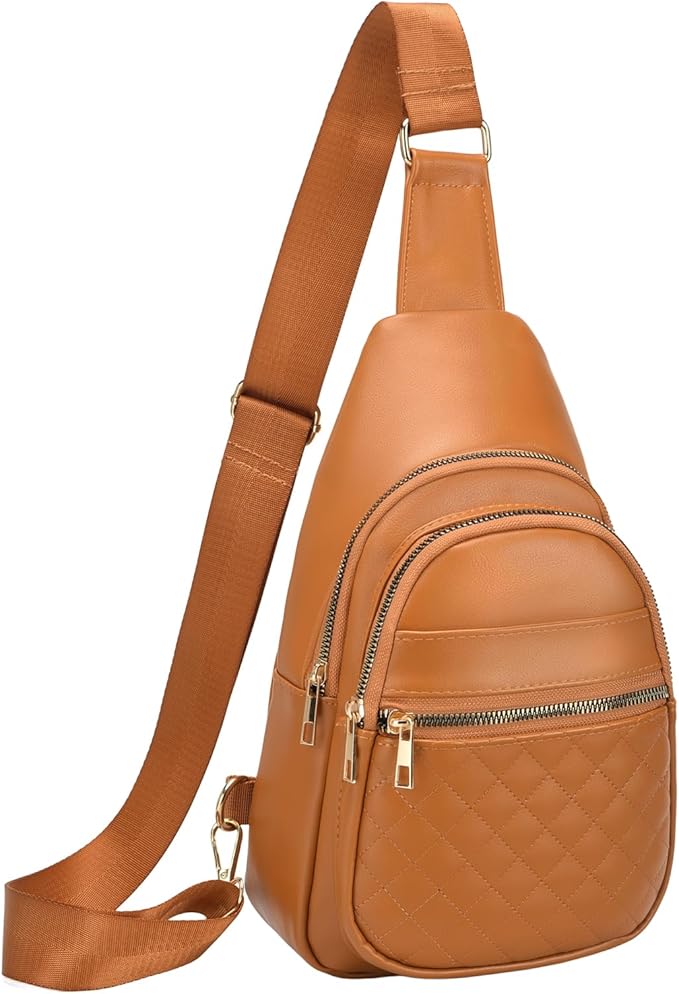 Crossbody Bags for Women Men,Leather Sling Bag Cross Body Backpack for Women, Casual Chest Bag Daypack for Travel Hiking,Brown