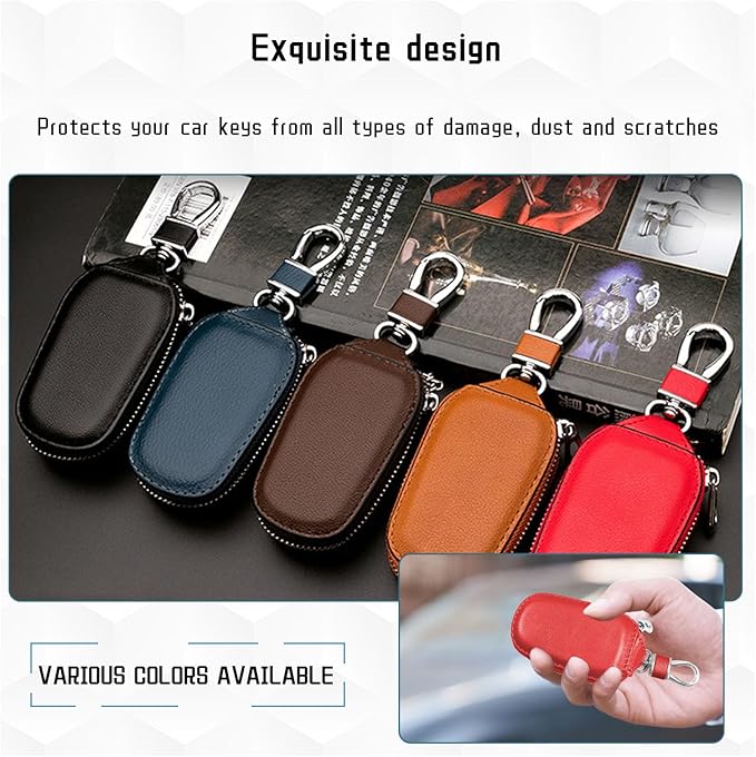 Car Key Case, Genuine Leather Auto Key Fob Cover Case, Key Fob Protector with Metal Hook, Car Smart Keychain Holder (Red)