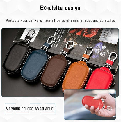 Car Key Case, Genuine Leather Auto Key Fob Cover Case, Key Fob Protector with Metal Hook, Car Smart Keychain Holder (Red)